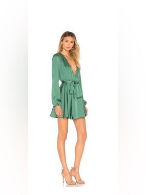 Lovers + Friends IVY Emerald Green Satin Deep V Mini Dress SIZE large